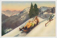 Tobogganing with the Family in Switzerland - Art - Painting - Vintage Original Postcard # 1734 - New - 1950's