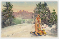 Tobogganing in Switzerland - Art - Painting - Vintage Original Postcard # 1737 - New - 1950's