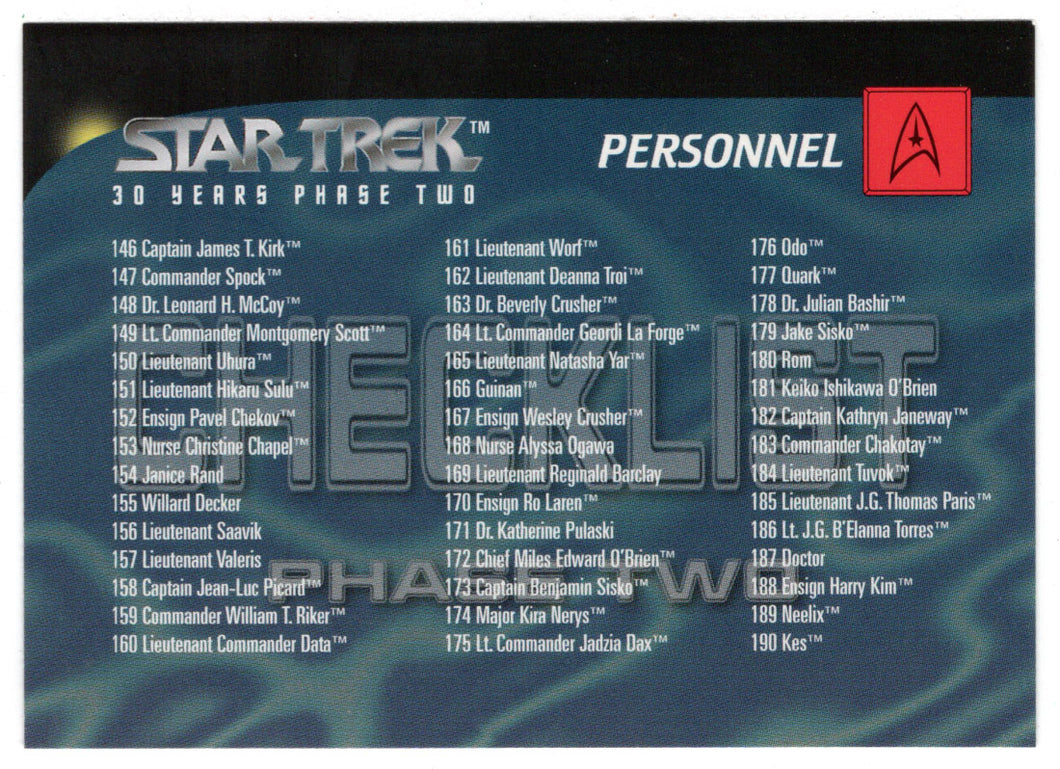 Checklist D Personnel (Trading Card) - 30 Years of Star Trek - Phase Two - 1996 Skybox # 199 - Mint