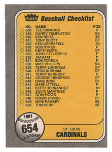 Checklist - Milwaukee Brewers - St. Louis Cardinals (MLB Baseball Card) 1981 Fleer # 654 NM/MT