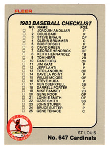 Checklists - Teams - St. Louis Cardinals - Milwaukee Brewers (MLB Baseball Card) 1983 Fleer # 647 Mint