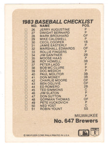 Checklists - Teams - St. Louis Cardinals - Milwaukee Brewers (MLB Baseball Card) 1983 Fleer # 647 Mint