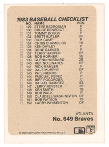 Checklists - Teams - St. Louis Cardinals - Atlanta Braves (MLB Baseball Card) 1983 Fleer # 649 Mint