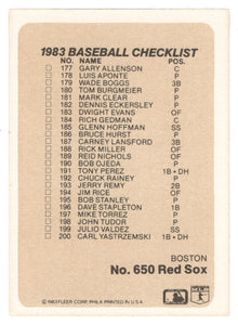 Checklists - Teams - Philadelphia Phillies - Boston Red Sox (MLB Baseball Card) 1983 Fleer # 650 Mint