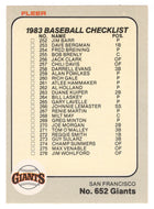 Checklists - Teams - San Francisco Giants - Montreal Expos (MLB Baseball Card) 1983 Fleer # 652 Mint