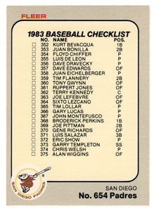 Checklists - Teams - San Diego Padres - New York Yankees (MLB Baseball Card) 1983 Fleer # 654 Mint