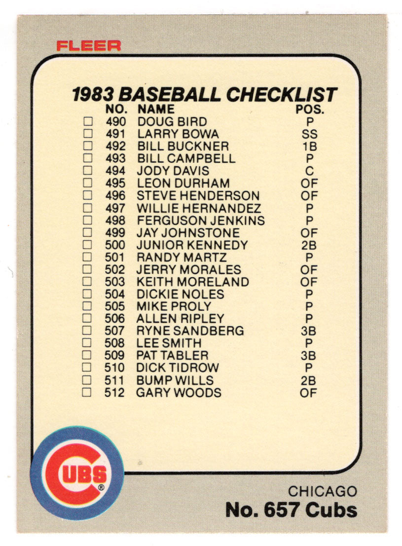 Checklists - Teams - Chicago Cubs - Oakland Athletics (MLB Baseball Card) 1983 Fleer # 657 Mint