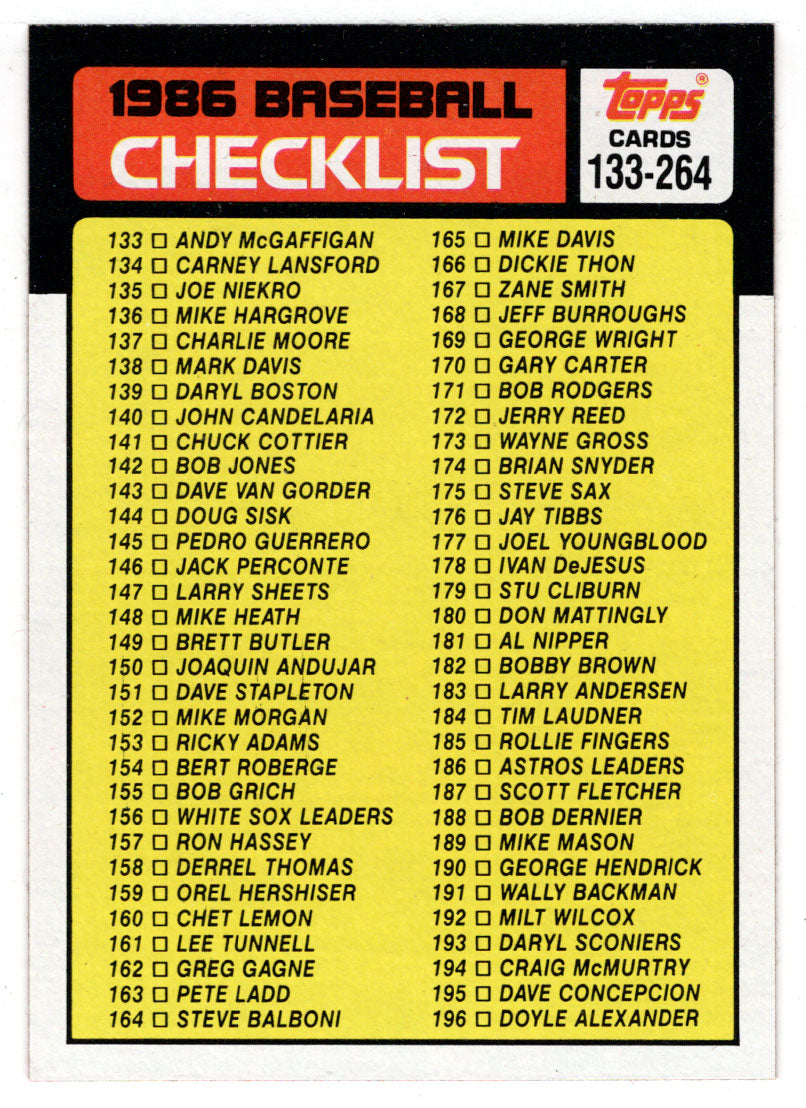 Checklist # 2 (MLB Baseball Card) 1986 Topps # 263 Mint