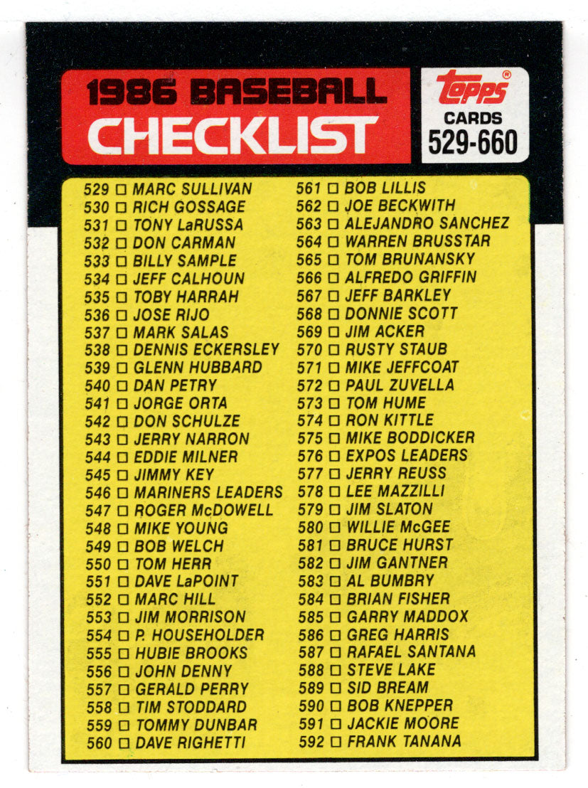 Checklist # 5 (MLB Baseball Card) 1986 Topps # 659 Mint