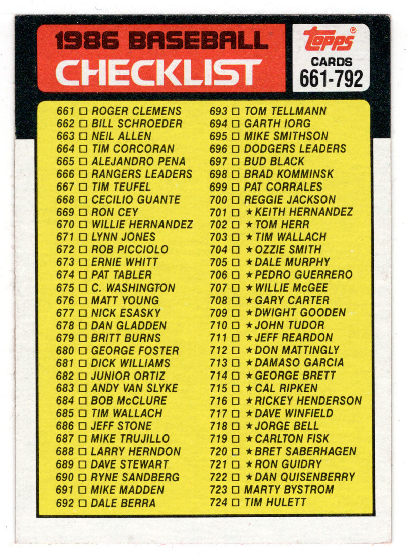 Checklist # 6 (MLB Baseball Card) 1986 Topps # 791 Mint