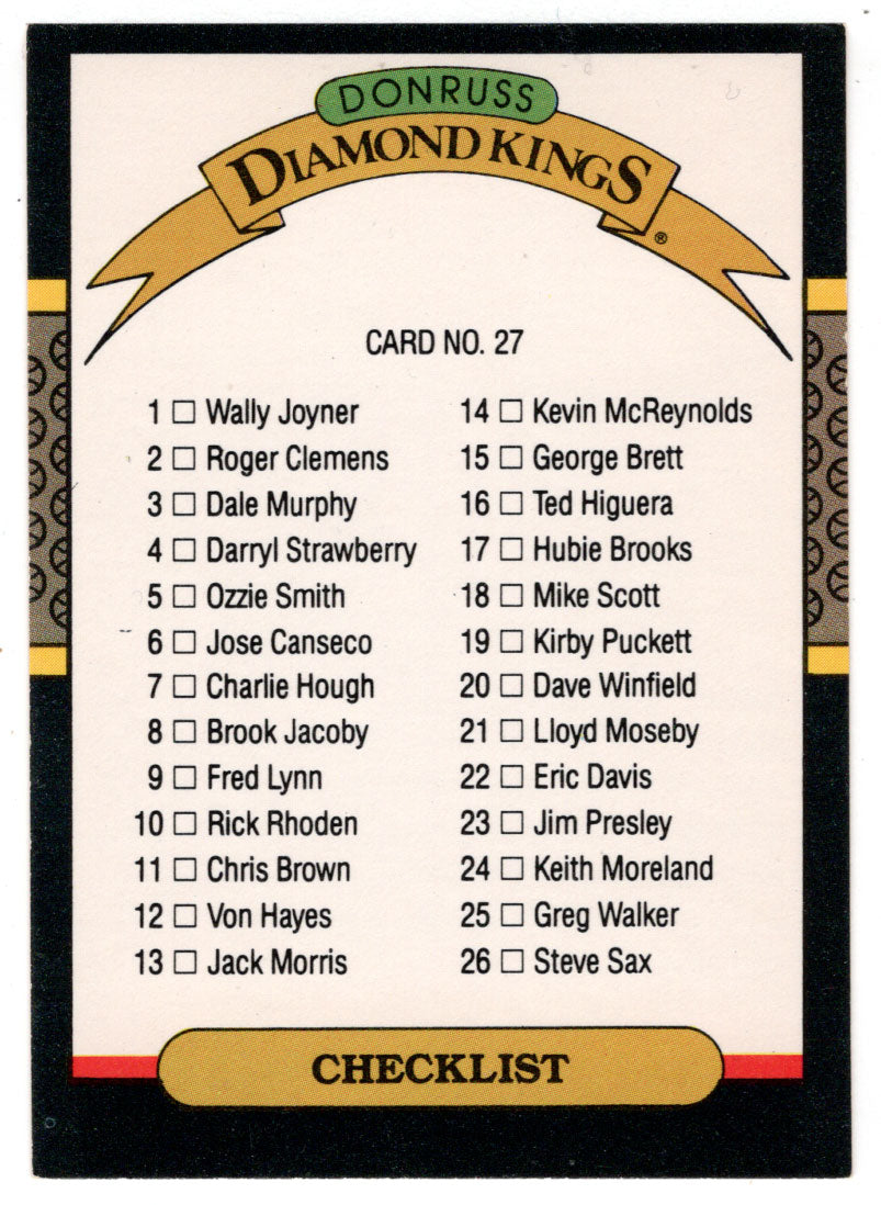 Checklist # 1 - Diamond Kings (MLB Baseball Card) 1987 Donruss # 27 NM/MT