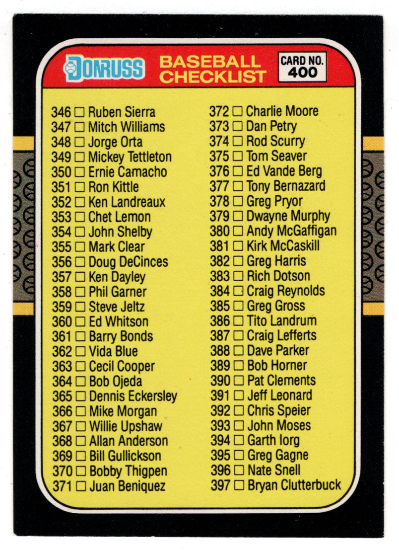 Checklist # 5 (MLB Baseball Card) 1987 Donruss # 400 NM/MT