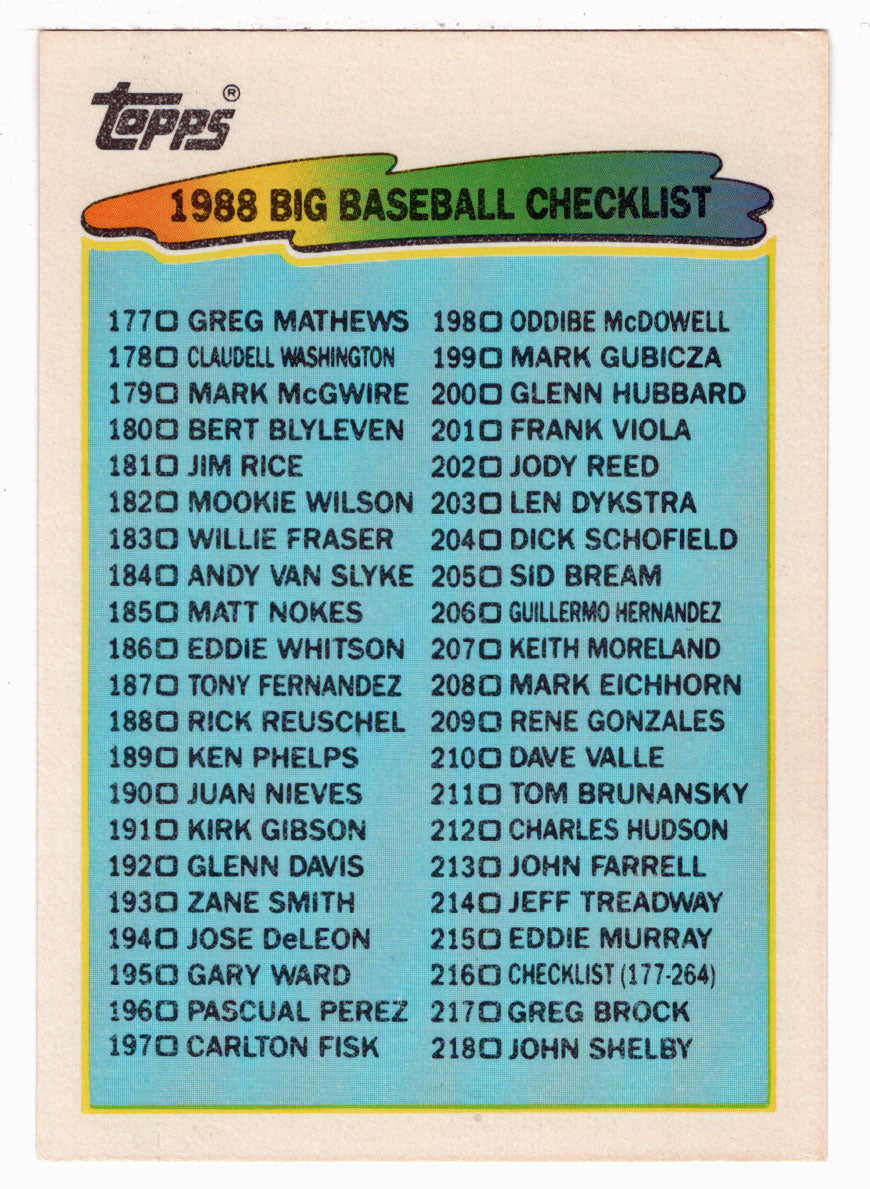 Checklist # 3 (# 177 - # 264) (MLB Baseball Card) 1988 Topps Big # 216 Mint