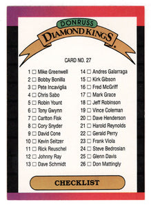 Checklist # 1 (Diamond Kings - # 1 - # 27) (MLB Baseball Card) 1989 Donruss # 27 Mint