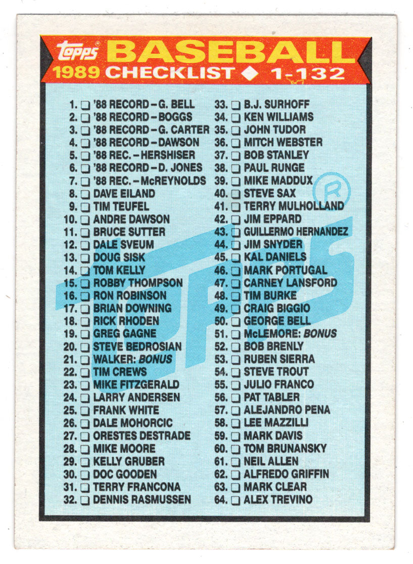 Checklist # 1 (MLB Baseball Card) 1989 Topps # 118 Mint