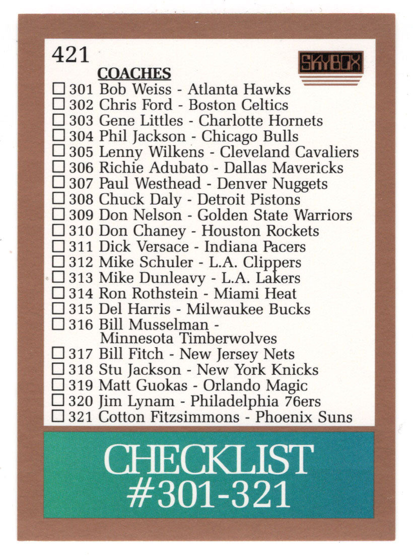 Checklist # 6 (# 301 - # 341) (NBA Basketball Card) 1990-91 Skybox # 421 Mint