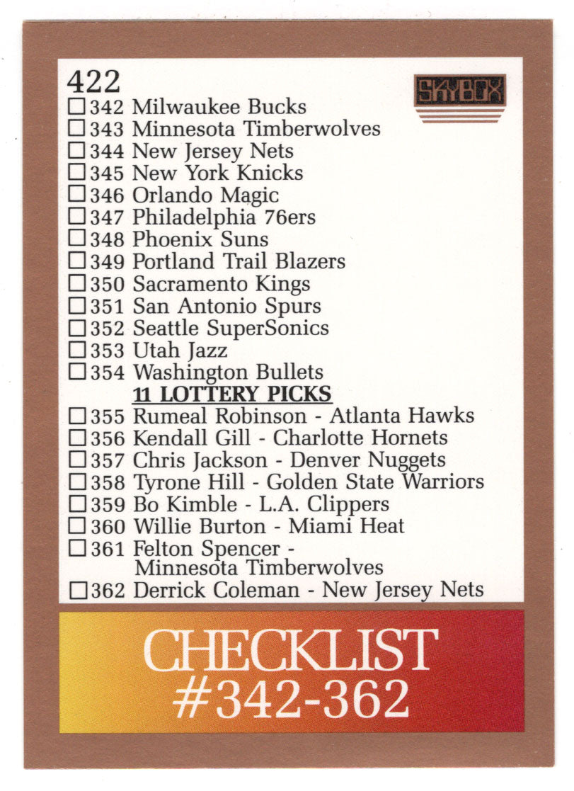 Checklist # 7 (# 342 - # 382) (NBA Basketball Card) 1990-91 Skybox # 422 Mint