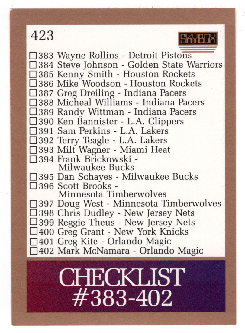 Checklist # 8 (# 383 - # 423) (NBA Basketball Card) 1990-91 Skybox # 423 Mint