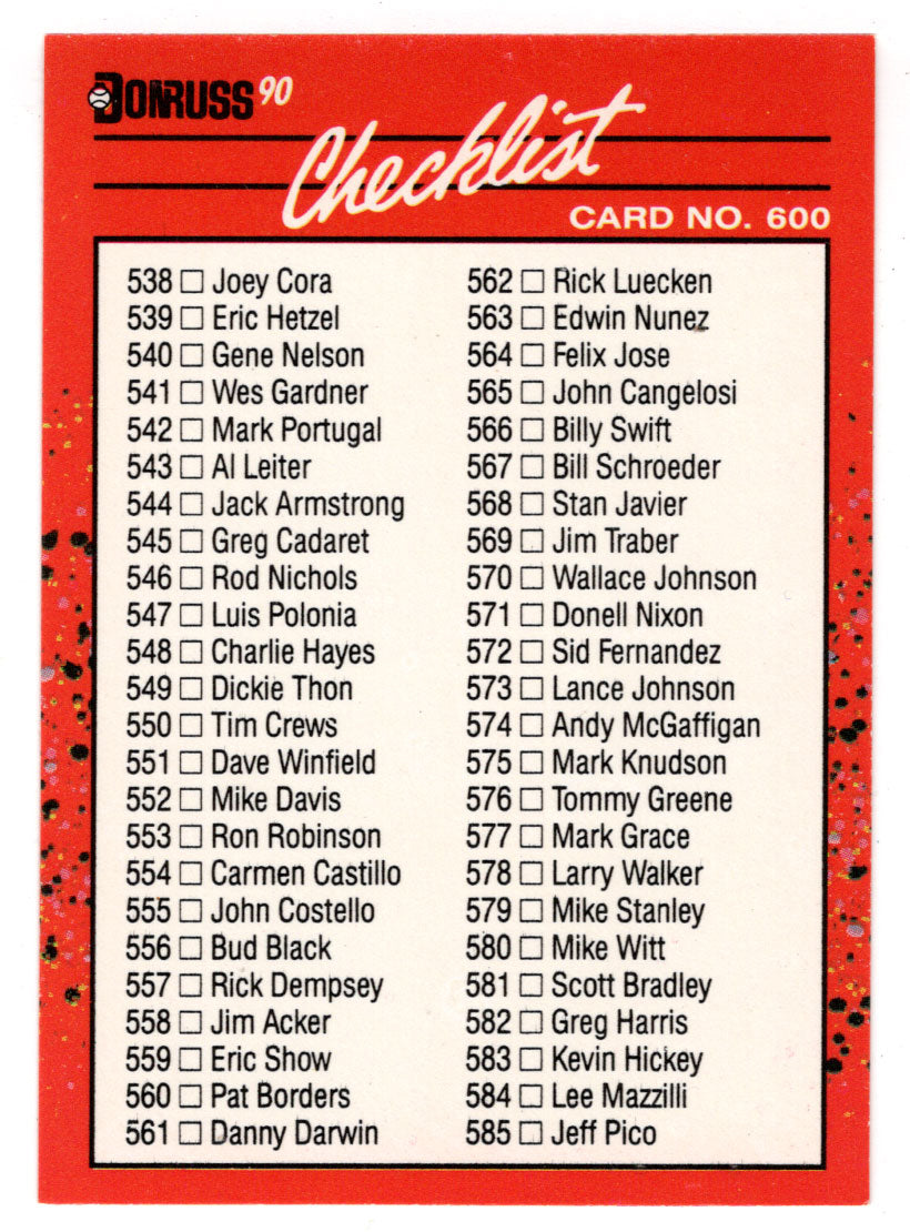 Checklist # 6 (# 538 - # 639) (MLB Baseball Card) 1990 Donruss # 600 Mint