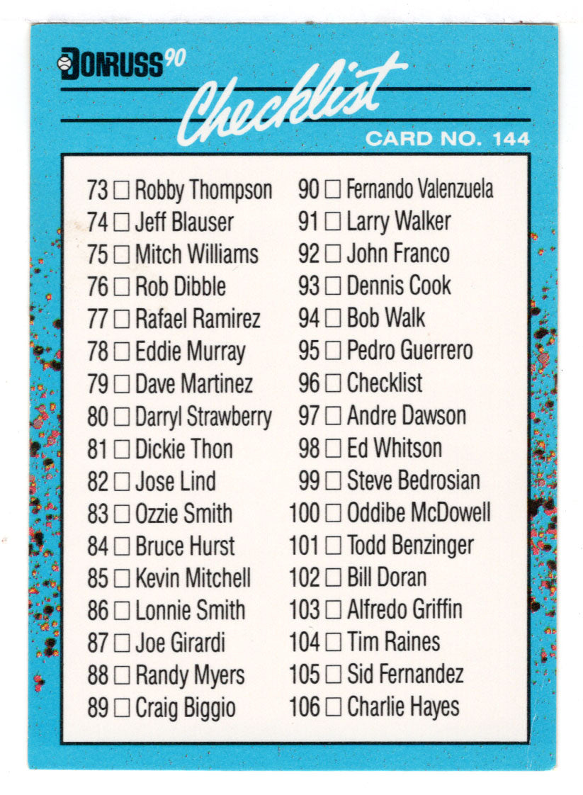 Checklist # 2 (# 73 - # 144) (MLB Baseball Card) 1990 Donruss Best NL # 144 Mint