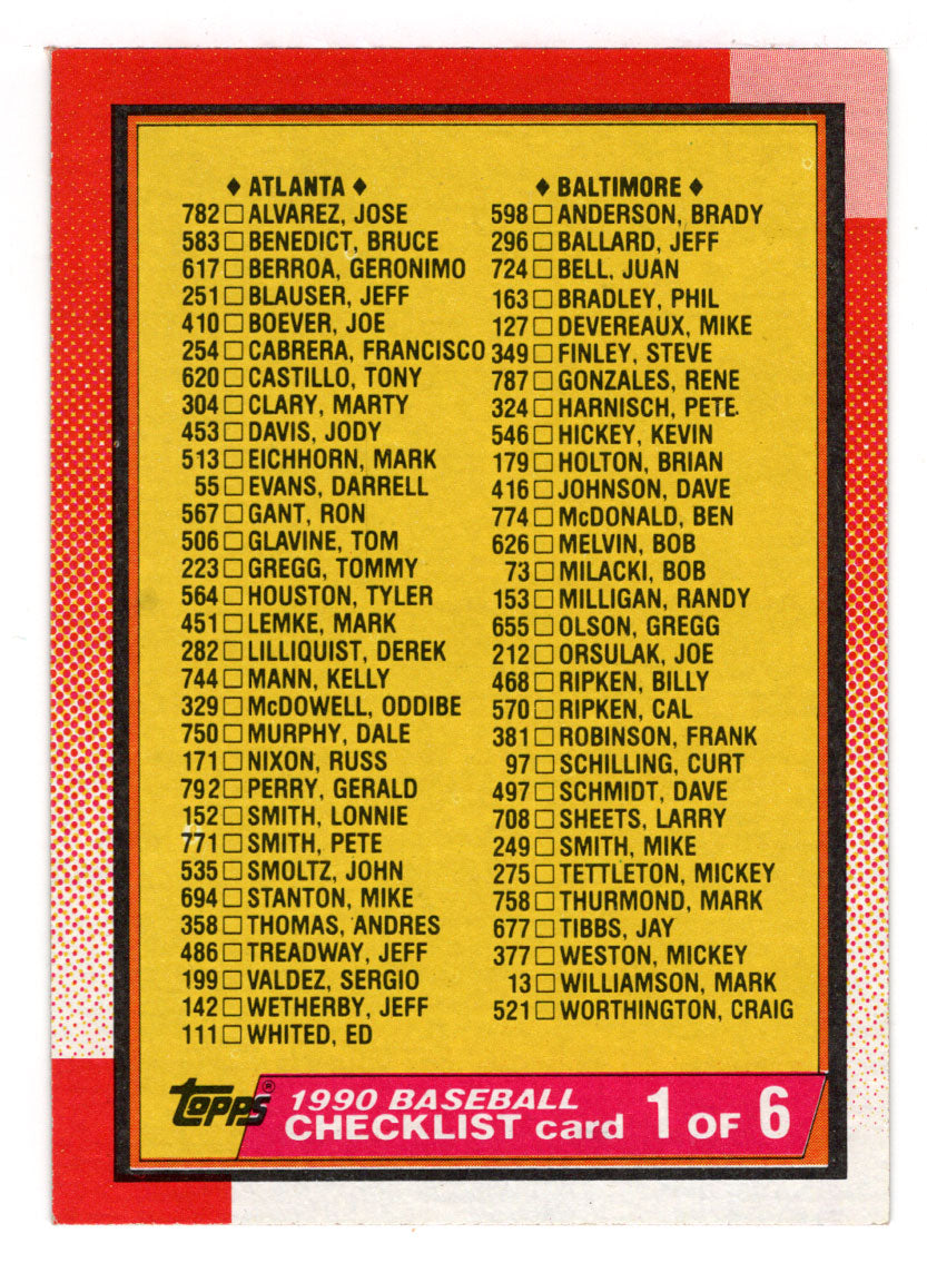 Checklist # 1 (MLB Baseball Card) 1990 Topps # 128 Mint