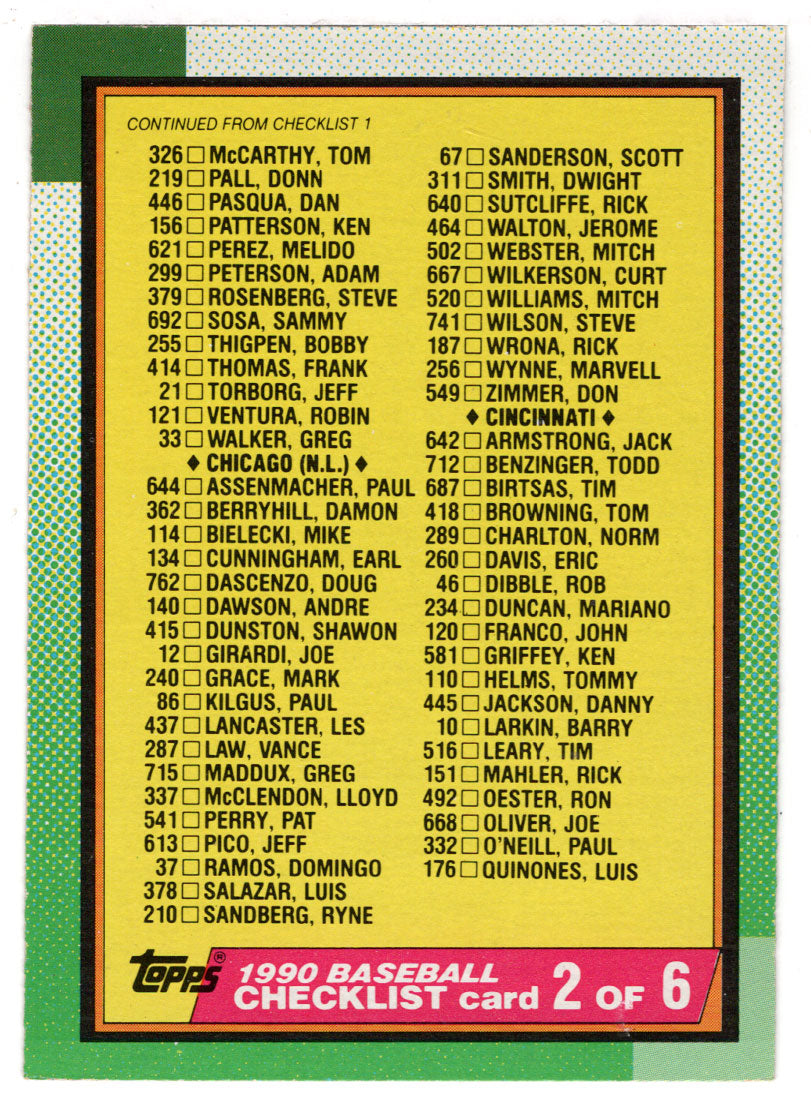Checklist # 2 (MLB Baseball Card) 1990 Topps # 262 Mint