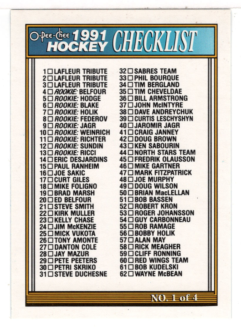 Checklist # 1 (NHL Hockey Card) 1991-92 O-Pee-Chee # 132 Mint