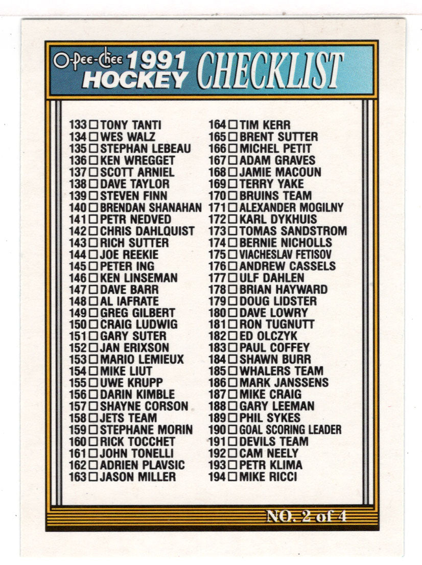 Checklist # 2 (NHL Hockey Card) 1991-92 O-Pee-Chee # 264 Mint