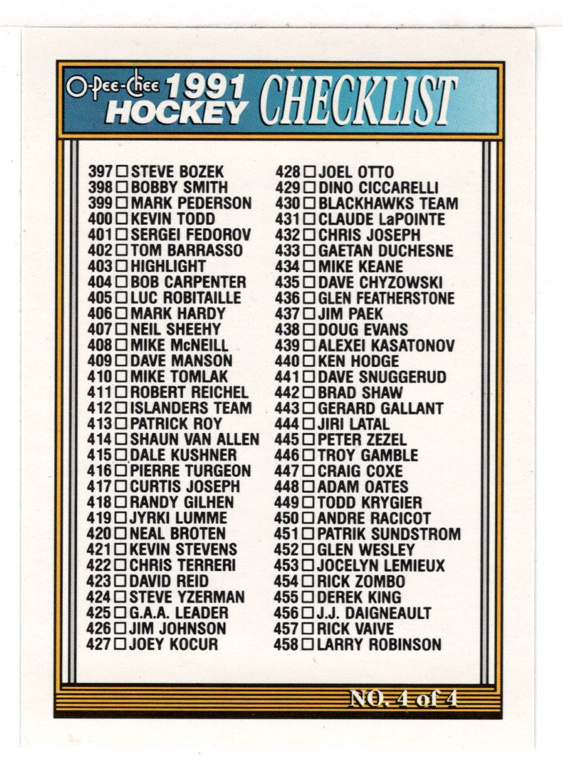 Checklist # 4 (NHL Hockey Card) 1991-92 O-Pee-Chee # 528 Mint