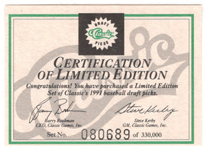 Checklist (MLB Baseball Card) 1991 Classic Draft Picks # NNO Mint