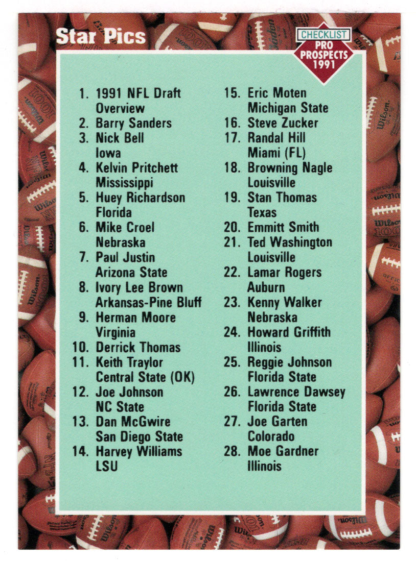 Checklist # 1 ( # 1 - # 57) (NFL - NCAA Football Card) 1991 Star Pics # 111 Mint