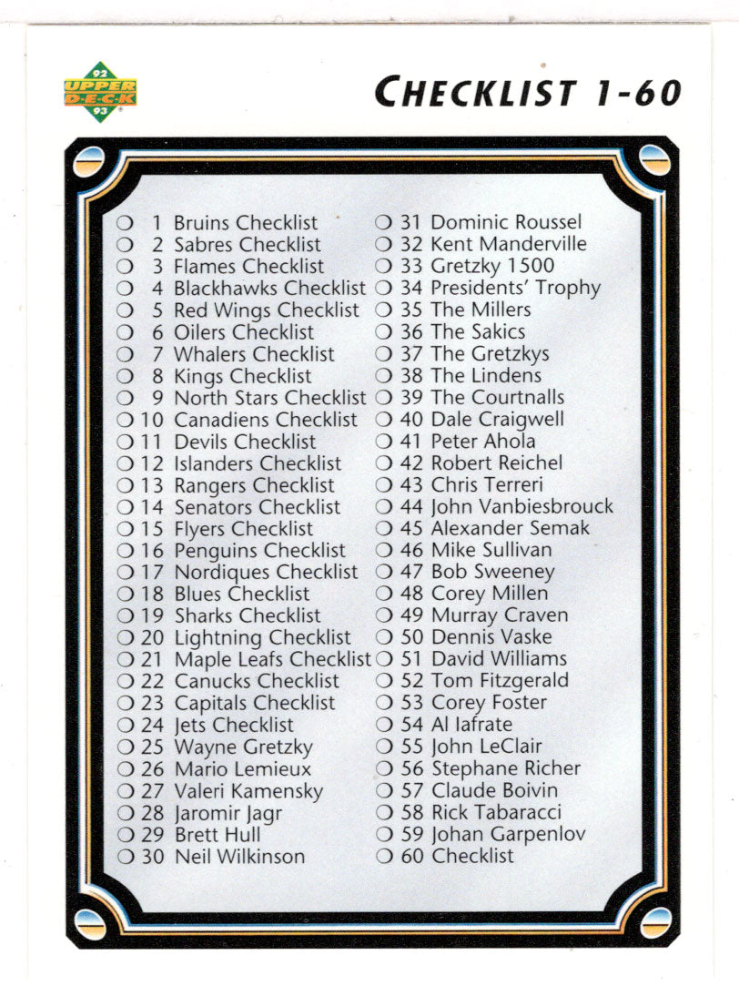 Checklist # 1 (NHL Hockey Card) 1992-93 Upper Deck # 60 Mint