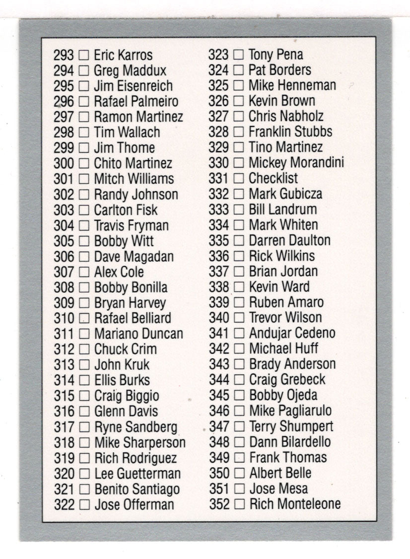 Checklist # 4 (MLB Baseball Card) 1992 Leaf # 331 Mint