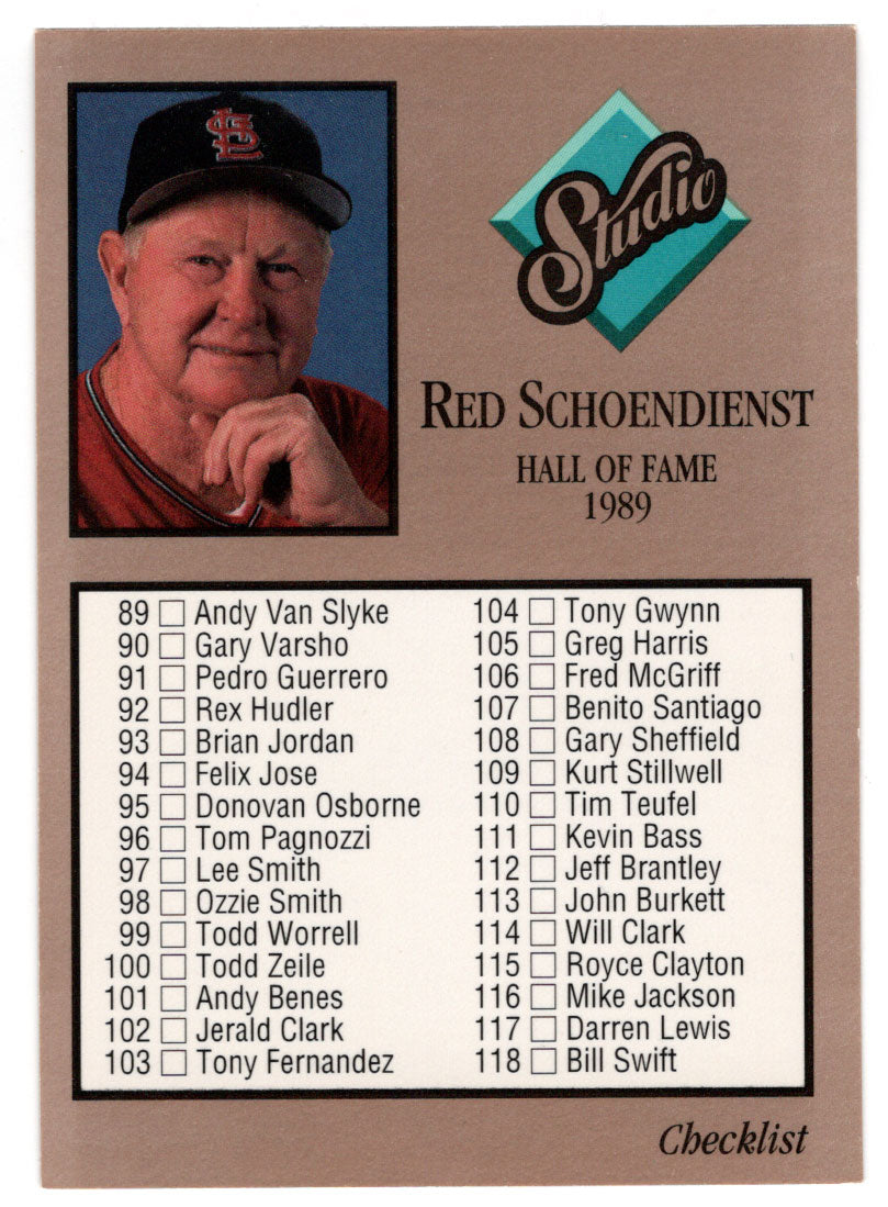 Checklist # 2 - Red Schoendienst (MLB Baseball Card) 1992 Leaf Studio # 262 Mint