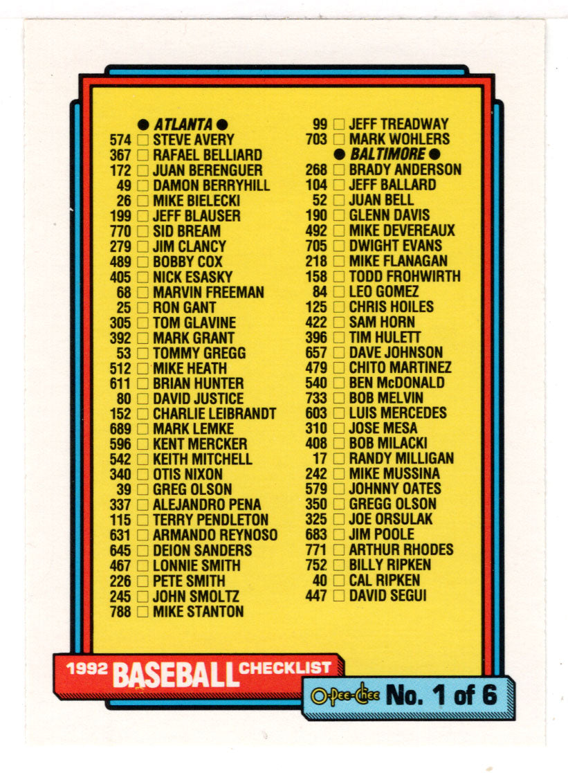 Checklist # 1 (MLB Baseball Card) 1992 O-Pee-Chee # 131 Mint