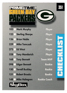 Green Bay Packers - Houston Oilers - Checklist (NFL Football Card) 1992 Skybox Prime Time # 351 Mint