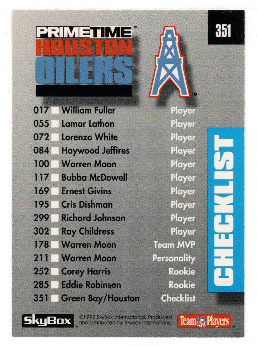Green Bay Packers - Houston Oilers - Checklist (NFL Football Card) 1992 Skybox Prime Time # 351 Mint