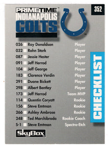 Indianapolis Colts - Kansas City Chiefs - Checklist (NFL Football Card) 1992 Skybox Prime Time # 352 Mint