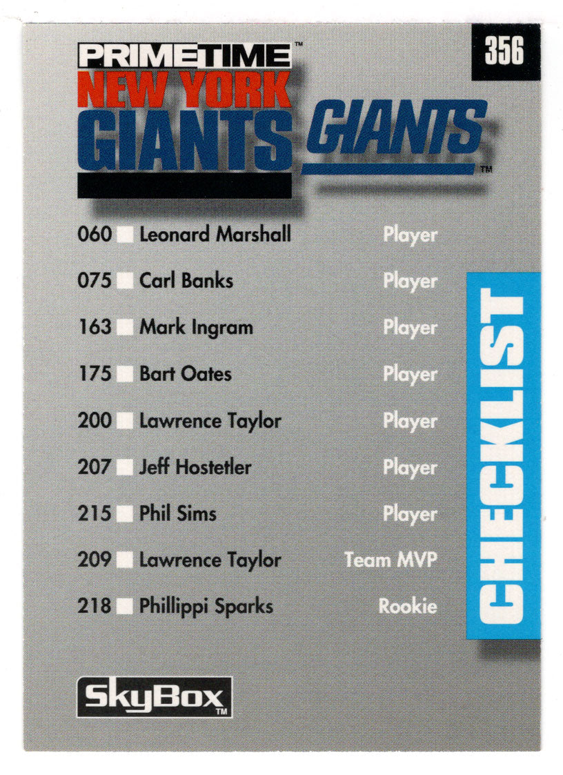 New York Giants - New York Jets - Checklist (NFL Football Card) 1992 Skybox Prime Time # 356 Mint