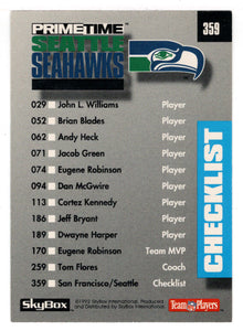 San Francisco 49ers - Seattle Seahawks - Checklist (NFL Football Card) 1992 Skybox Prime Time # 359 Mint