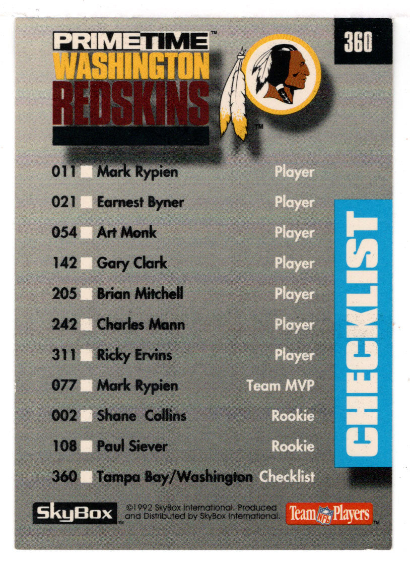 Tampa Bay Buccaneers - Washington Redskins - Checklist (NFL Football Card) 1992 Skybox Prime Time # 360 Mint