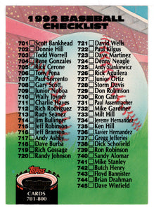 Checklist # 8 (# 701 - # 800) (MLB Baseball Card) 1992 Topps Stadium Club # 899 Mint