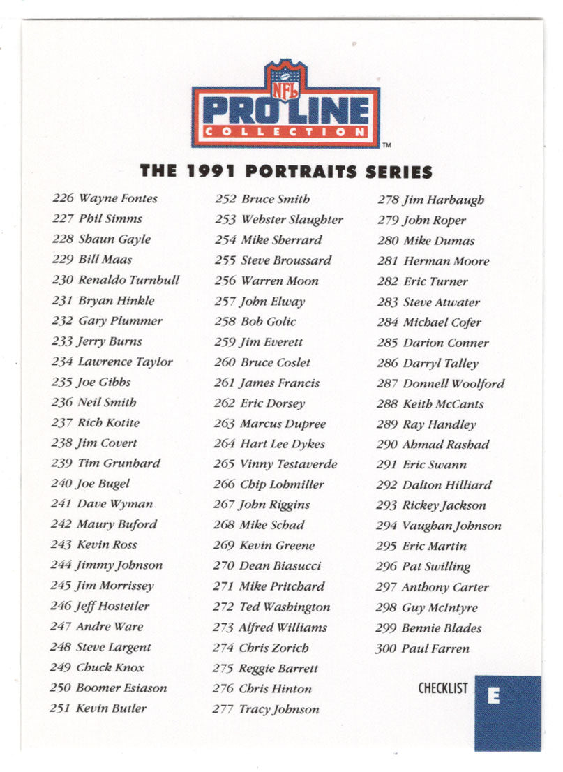 Checklist E (NFL Football Card) 1992 Pro Line Portraits # E Mint
