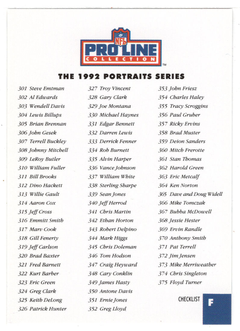 Checklist F (NFL Football Card) 1992 Pro Line Portraits # F Mint