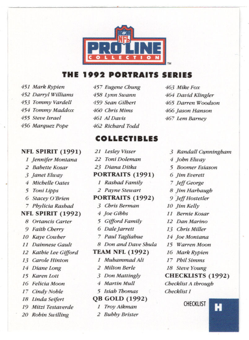 Checklist H (NFL Football Card) 1992 Pro Line Portraits # H Mint