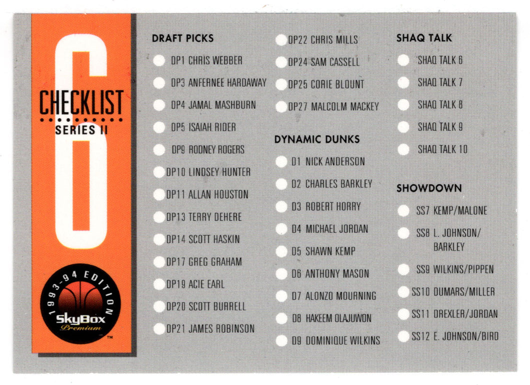 Checklist # 6 (NBA Basketball Card) 1993-94 SkyBox Premium # 341 Mint