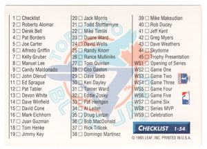 Checklist (# 1 - # 45 - # WS1 - # WS9) - 1993 Blue Jays 1992 Championship Season (MLB Baseball Card) 1993 Donruss # 1 Mint