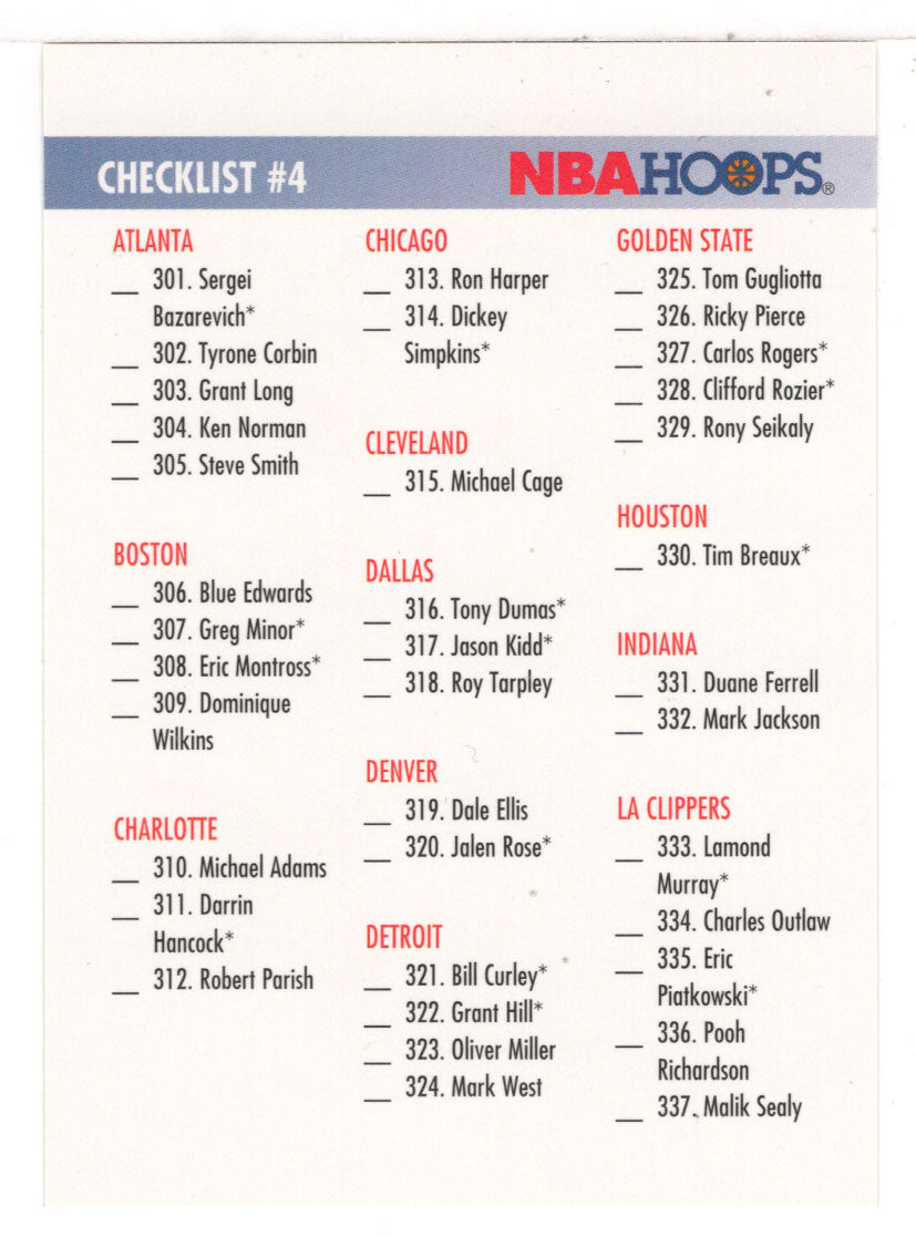 Checklist # 4 (NBA Basketball Card) 1994-95 Hoops # 389 Mint