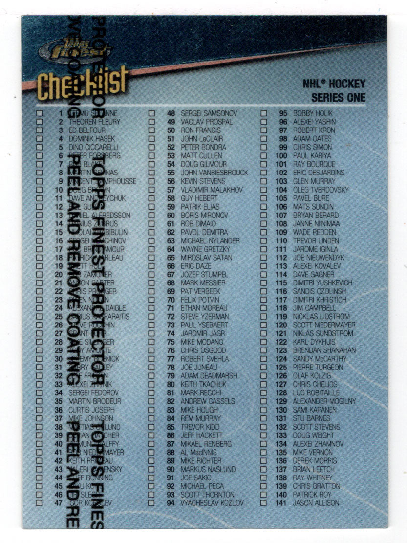 Checklist (NHL Hockey Card) 1998-99 Topps Finest # 150 Mint