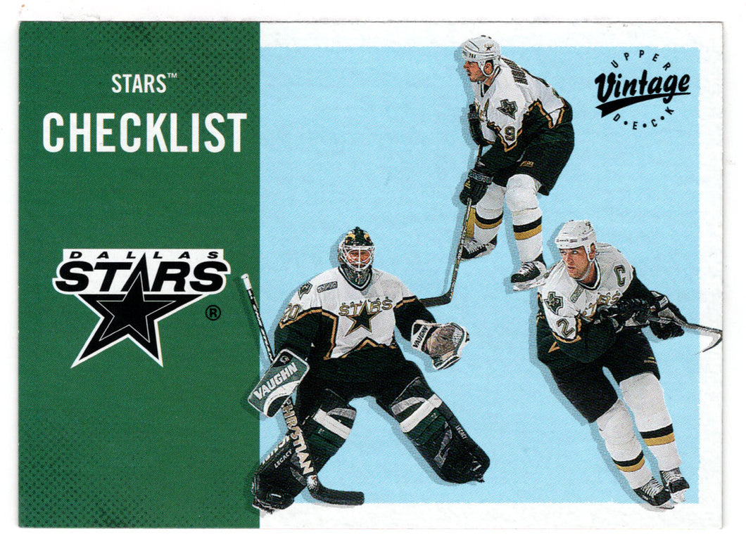 Dallas Stars Team Checklist - Mike Modano - Ed Belfour - Derian Hatcher (NHL Hockey Card) 2000-01 Upper Deck Vintage # 123 Mint